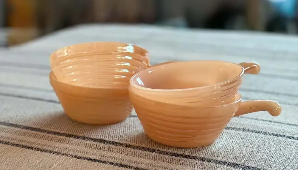 Set of 4 Vintage Fire-King Peach Luster Beehive Handled Soup Bowls